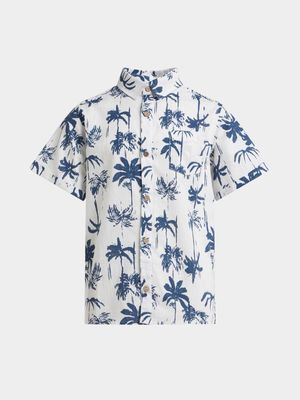 Younger Boy's White & Blue Palm Print Shirt