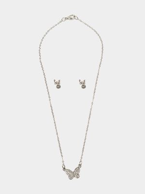 Girl's Silver Butterfly Necklace & Earrings Set