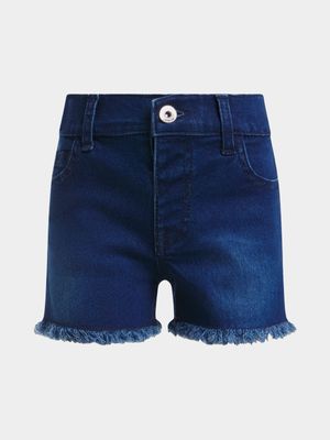 Younger Girl's Dark Wash Frayed Hem Denim Shorts