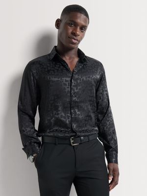 Men's Markham Pattern Satin Jacquard Black Shirt