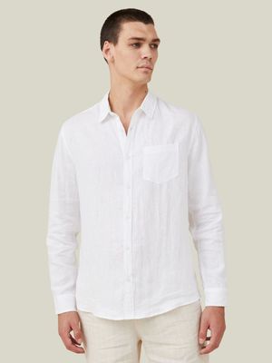 Men's Cotton On White Linen Long Sleeve Shirt