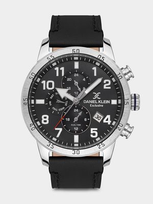 Daniel Klein Silver Plated Black Leather Chronographic Watch