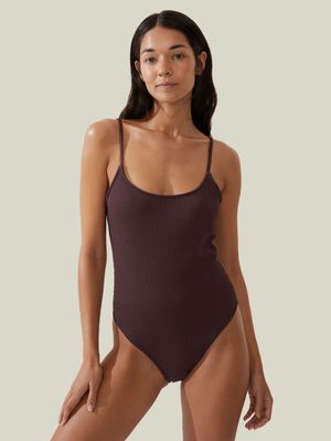 Women's Cotton On Brown Thin Strap Low Scoop One Piece Cheeky Swimsuit