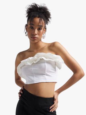 Women's White Bandeau Top With Ruffle