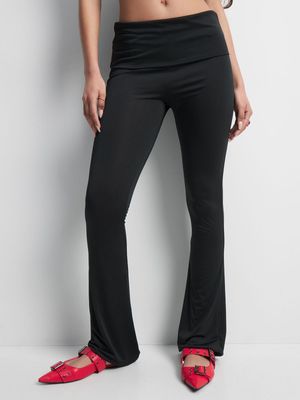 Women's Black Flared Leg Pants With Fold Over Waistband