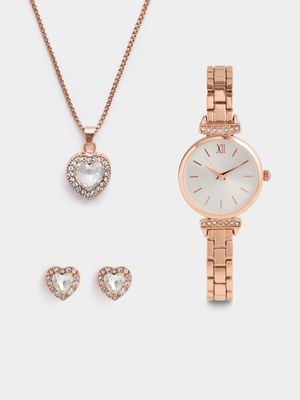 Women's  Rose Gold Necklace, Earrings & Watch Set