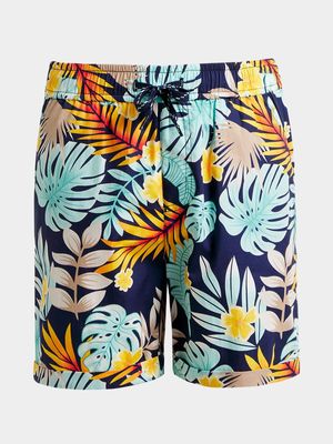 Younger Boy's Navy Tropical Print Shorts