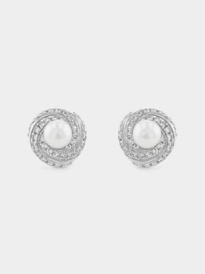 Sterling Silver Diamond & Freshwater Pearl Round Halo Stud Earrings