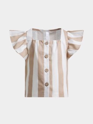 Older Girl's Natural & White Striped  Flutter Sleeve Top