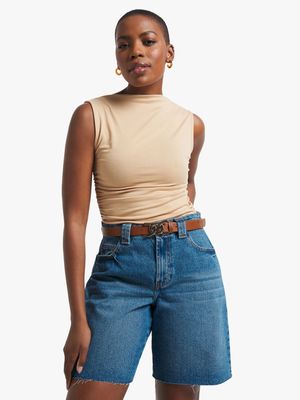 Women's Natural Ruched Turtle Neck Top