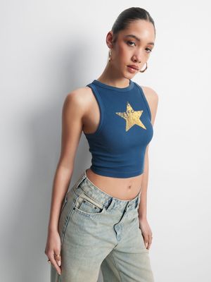 Women's Navy Seamless Vest With Star Print