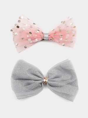 Girl's Silver & Pink Mesh Bow Hair Clips