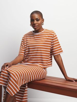 Jet Women's Cream/Brick Striped Cropped T-Shirt