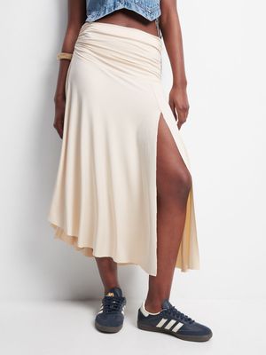 Women's Natural Assymetric Skirt with Ruched Bask