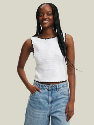 Women's Cotton On White Crochet Boatneck Low Back Tank Top