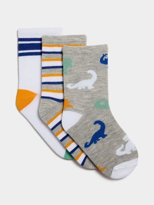 Boy's White & Grey 3-Pack Dino Socks