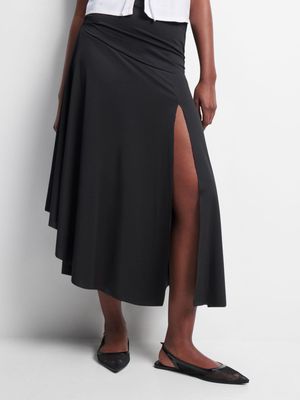 Women's Black Assymetric Skirt with Ruched Bask