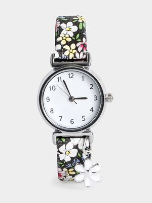 Girl's Black Flower Charm Watch