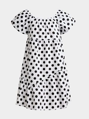 Jet Younger Girls White/Black Spotted Puff Sleeve Dress