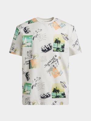 Older Boy's White Postcard Print T- Shirt