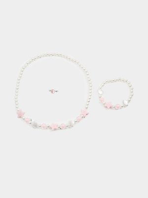 Girl's Pink Beaded Necklace, Bracelet & Ring Set