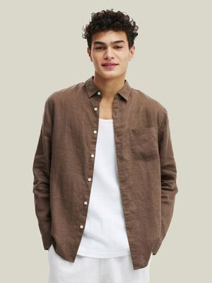 Men's Cotton On Brown Linen Long Sleeve Shirt