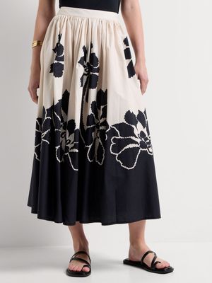 Poplin A-Line Border Print Skirt