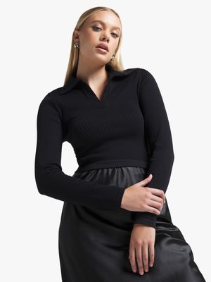 Women's Black Seamless Johnny Collar Top