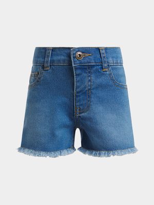 Older Girl's Mid Wash Frayed Hem Denim Shorts