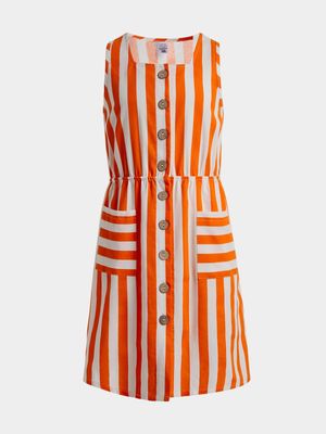 Jet Younger Girls Orange/White Stripe Linen Dress