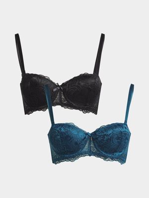 Jet Women's Teal/Black 2 Pack Balconette Bra