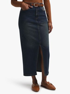 Women's Dark Tea Stain Wash Long Denim Skirt