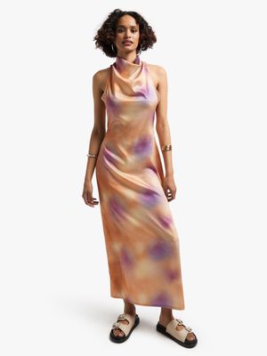 Women's Orange Satin Sunset Printed Maxi Dress