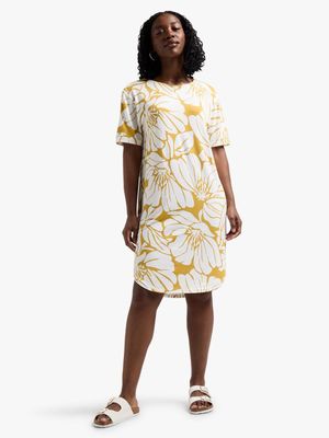 Women's Yellow & White Floral T- Shirt Dress