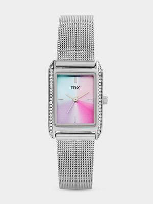 MX Silver Plated Rectangular Multi Coloured Dial Mesh Watch