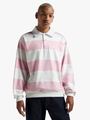 Men's Pink & White Stripe Rugby Sweat Top