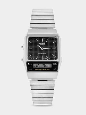 Casio Chrome Plated Rectangle Black Ana Digi Bracelet Watch