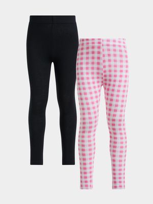 Jet Younger Girls Black/Pink Check 2 Pack Leggings