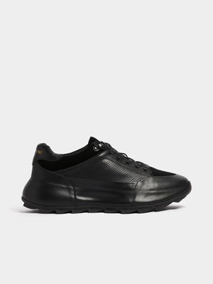 Fabiani Men's Black Leather Ridged Sole Runner Sneaker