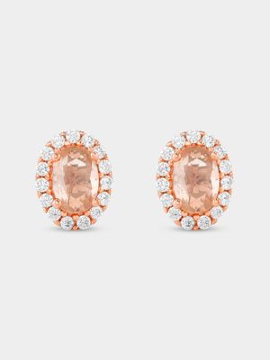 Rose Gold Plated Sterling Silver Morganite Cubic Zirconia Oval Halo Stud Earrings