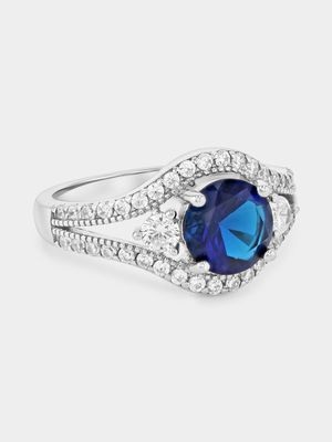 Sterling Silver Sapphire Blue Cubic Zirconia Round Halo Wave Ring