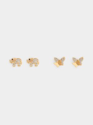 2-Pack Elephant & Butterfly Stud Set