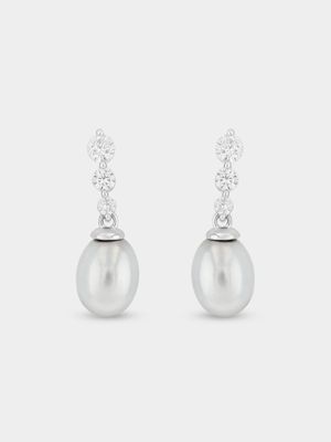 Sterling Silver Cubic Zirconia Freshwater Pearl Drop Earrings