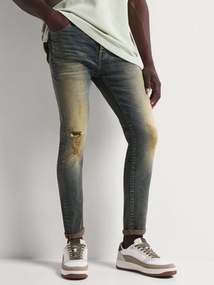 Men's Relay Jeans Super Skinny Rip And Repair Yellow Tint Blue Jeans