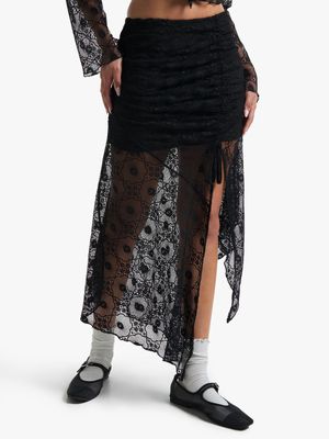 Women's Black Lace Co-Ord Ruched Maxi Skirt