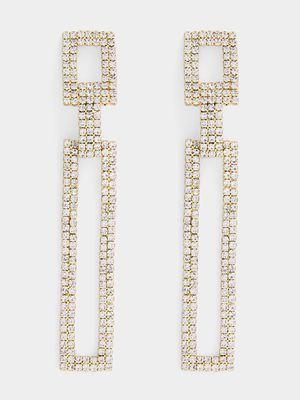 Gold Tone Diamante Square Drop Earrings