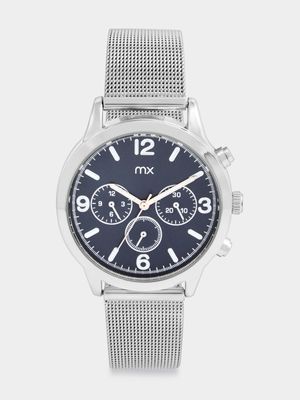 MX Silver Plated Dark Blue Dial Mesh Watch