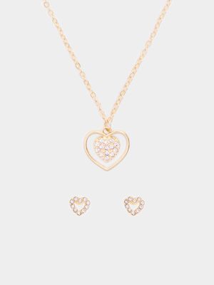 Jet Women's Gold Plated Diamante Heart Necklace & Earrings Set