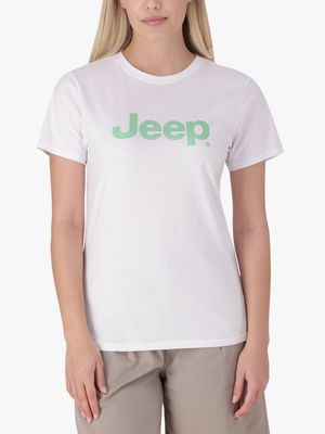 Women's Jeep White Iconic Jeep Logo Strong T-Shirt