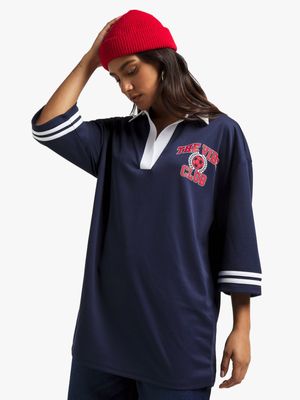 Women's Navy Birdseye Oversized Johnny Collar With Print Top